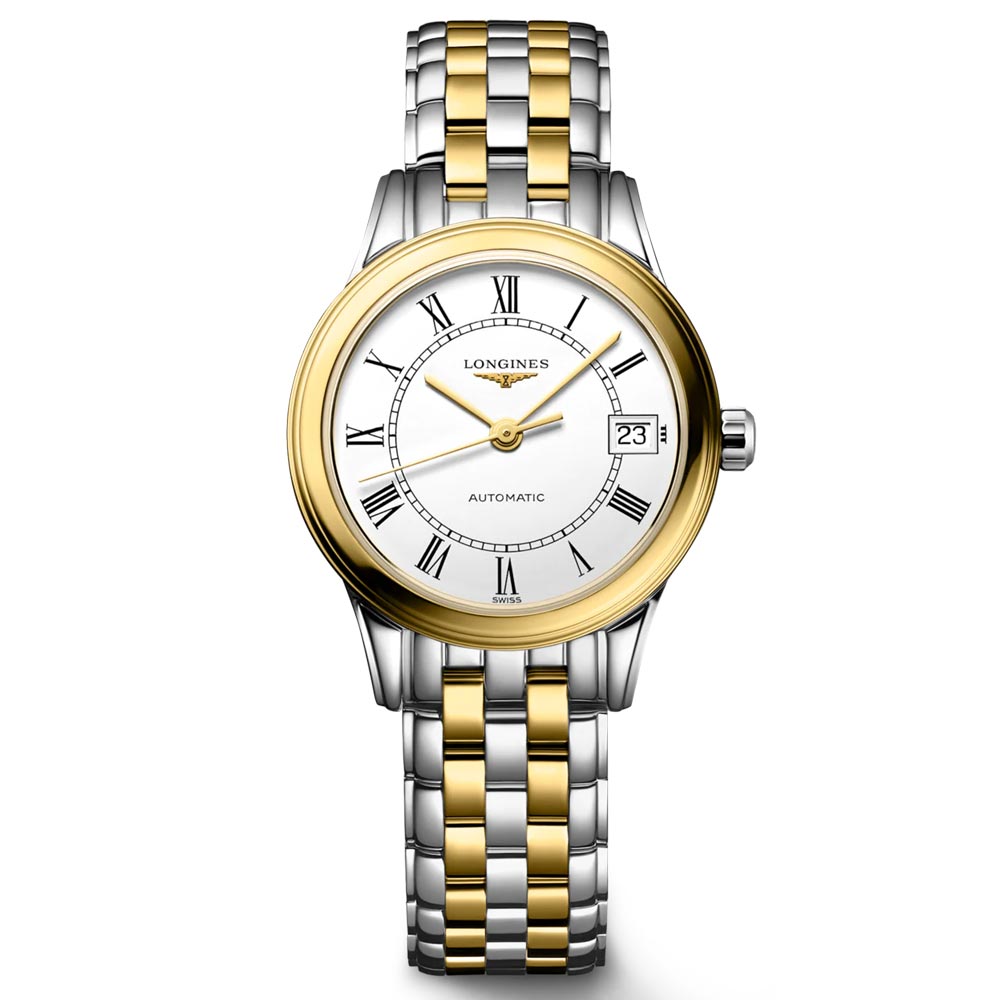longines flagship 26mm white dial gold pvd steel automatic ladies watch