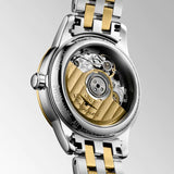 longines flagship 26mm gilt dial yellow pvd steel diamond automatic ladies watch case back view