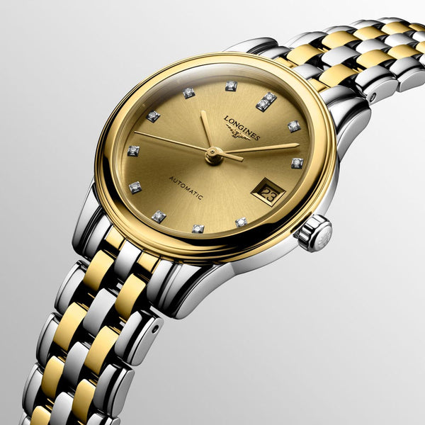 longines flagship 26mm gilt dial yellow pvd steel diamond automatic ladies watch dial close up