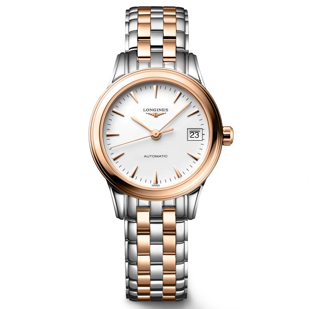 longines flagship 26mm white dial rose pvd steel automatic ladies watch