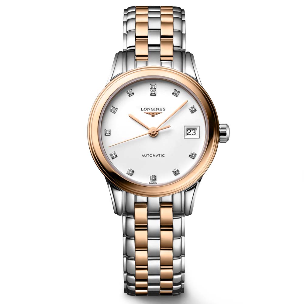 longines flagship 26mm white dial rose pvd steel diamond automatic ladies watch