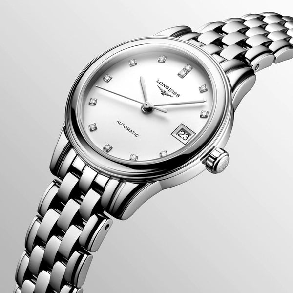 longines flagship 26mm white dial diamond automatic ladies watch dial close up