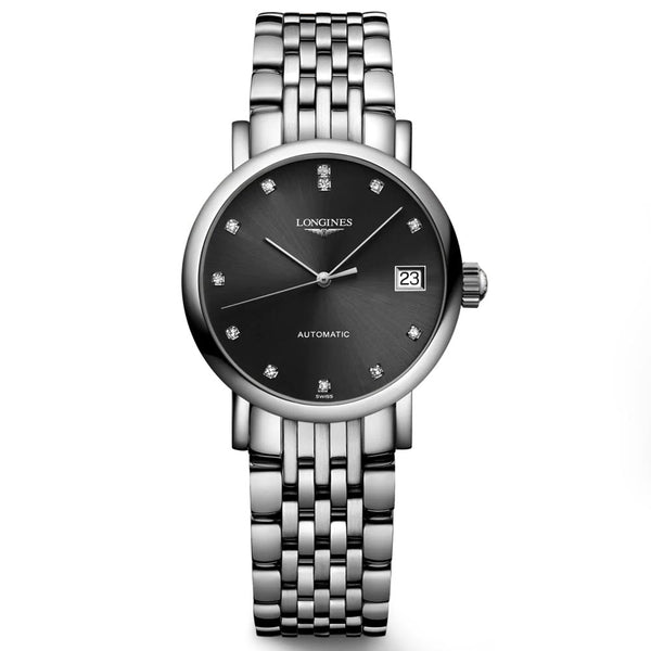 longines elegant collection 25.5mm black dial diamond automatic watch
