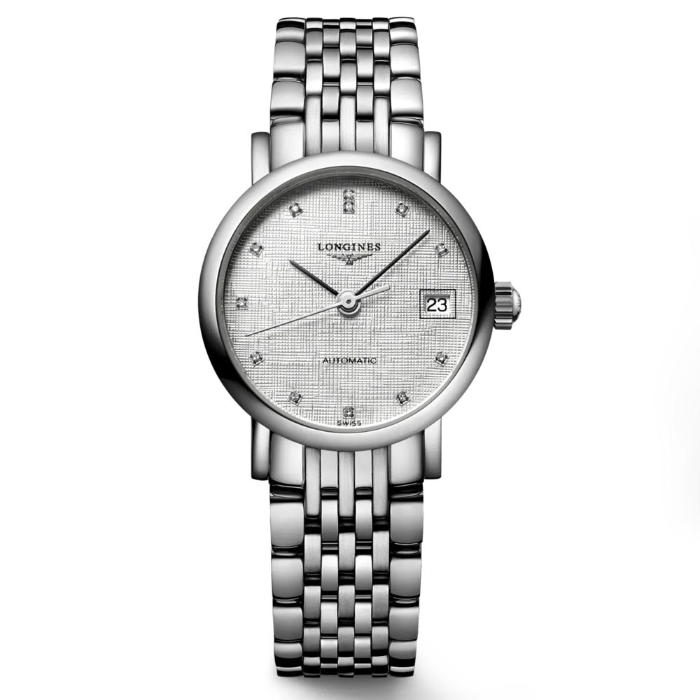 Longines Elegant Collection 25.5mm Striped Silver Diamond Dot Dial Automatic Ladies Watch L4.309.4.77.6