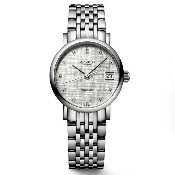 longines elegant collection 25.5mm striped silver diamond dot dial automatic ladies watch