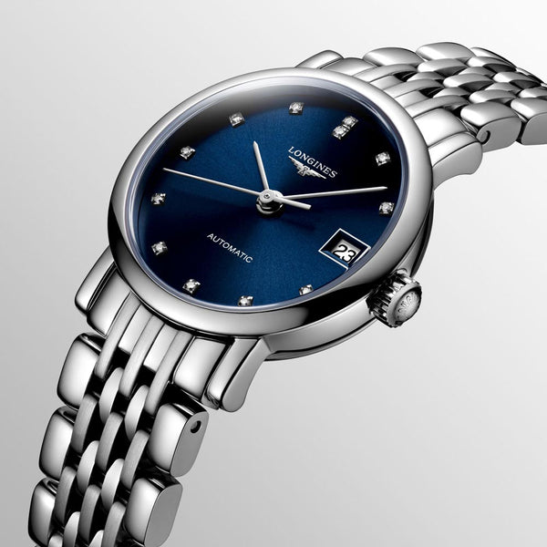 longines elegant collection 25.5mm blue diamond dot dial automatic ladies watch dial close up