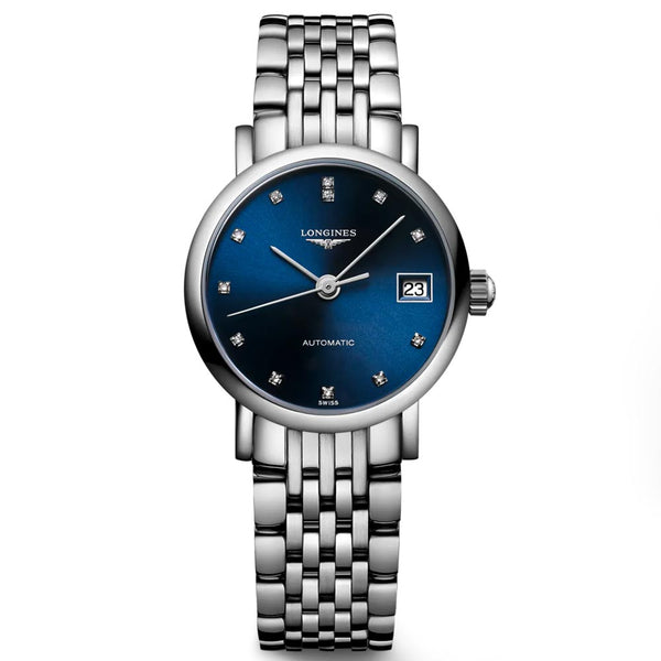 longines elegant collection 25.5mm blue diamond dot dial automatic ladies watch