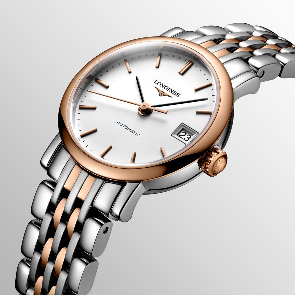 longines elegant collection 25.5mm white dial 18ct rose gold capped steel automatic ladies watch dial close up