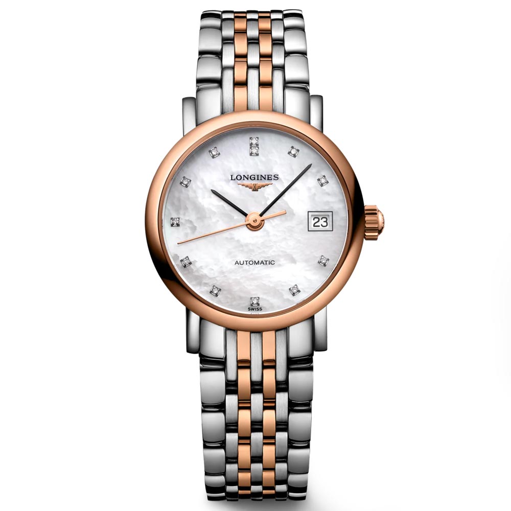 Longines Elegant Collection MOP Diamond Dot Dial 18ct Rose Gold Capped Steel Automatic Ladies Watch L4.309.5.87.7