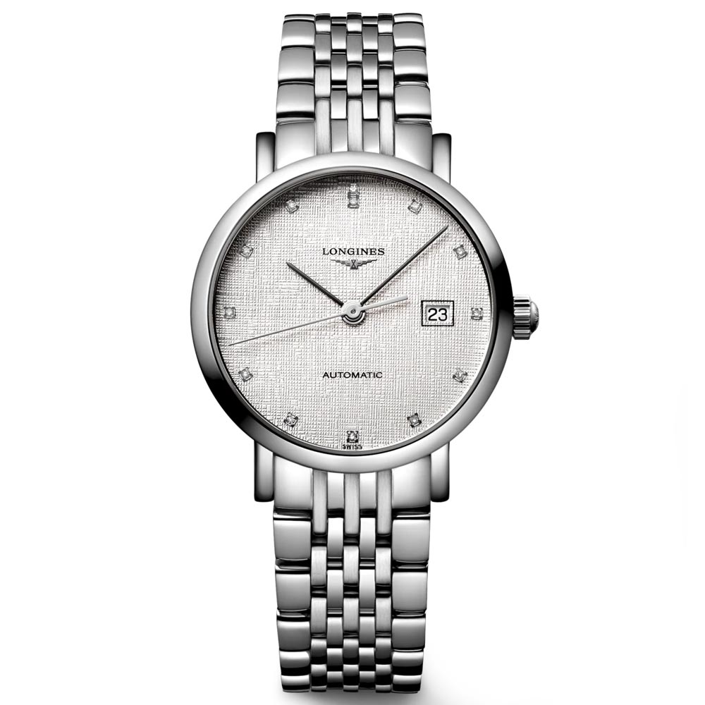 longines elegant collection 29mm striped silver diamond dot dial automatic ladies watch