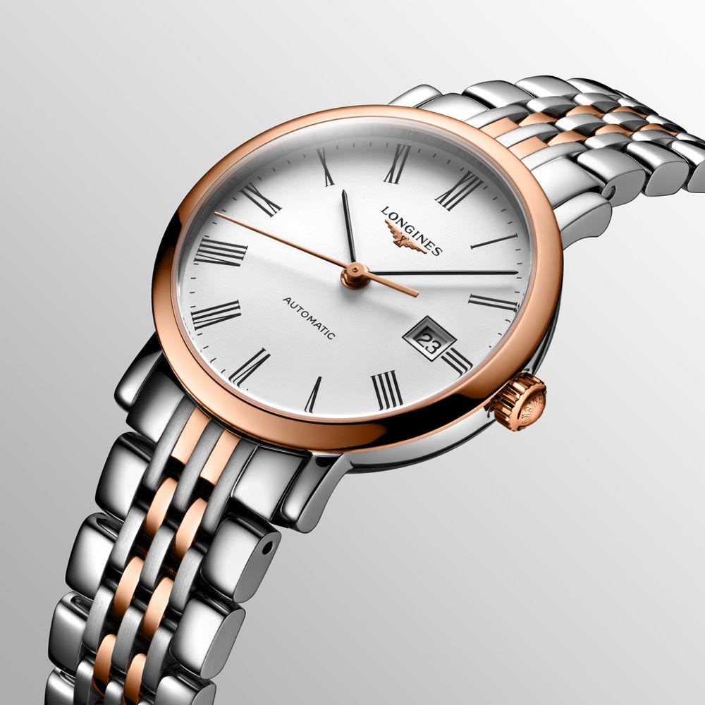 longines elegant collection 29mm white dial 18ct rose gold capped steel automatic ladies watch dial close up