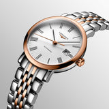 longines elegant collection 29mm white dial 18ct rose gold capped steel automatic ladies watch dial close up