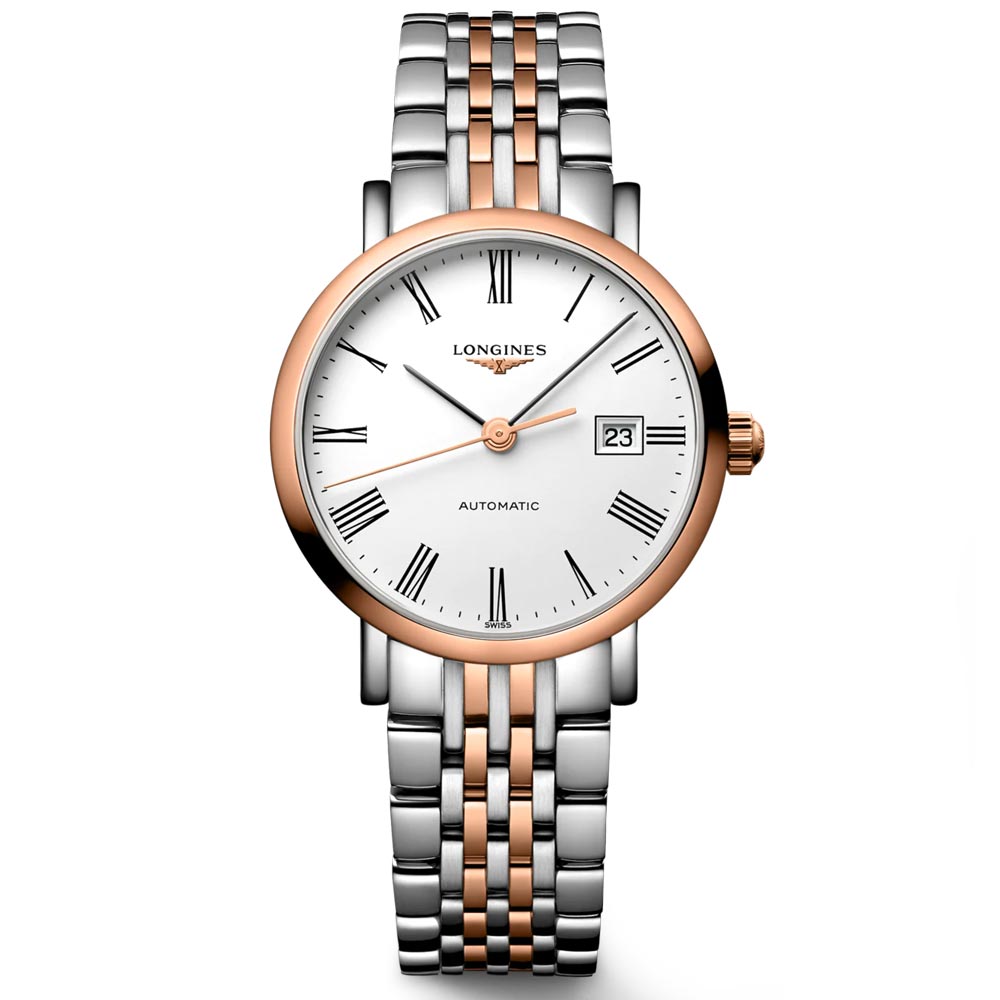 longines elegant collection 29mm white dial 18ct rose gold capped steel automatic ladies watch