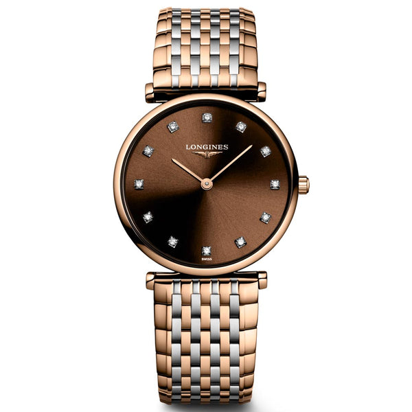 longines la grande classique 29mm brown dial rose pvd steel diamond ladies quartz watch