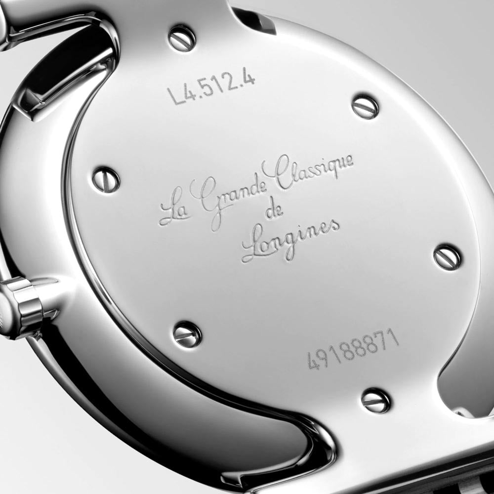 longines la grande classique 29mm bordeaux dial diamond ladies quartz watch case back view