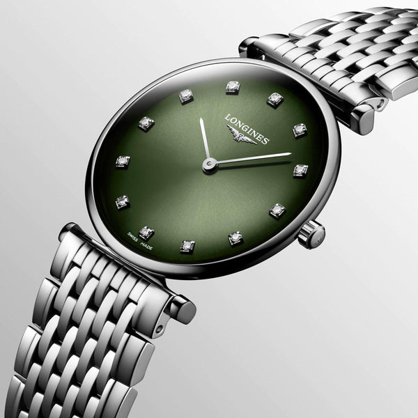 longines la grande classique 29mm green dial diamond ladies quartz watch dial close up