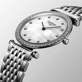 longines la grande classique 29mm mop dial diamond ladies quartz watch dial close up