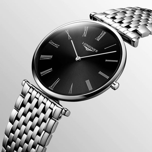 longines la grande classique 36mm black dial quartz watch dial close up