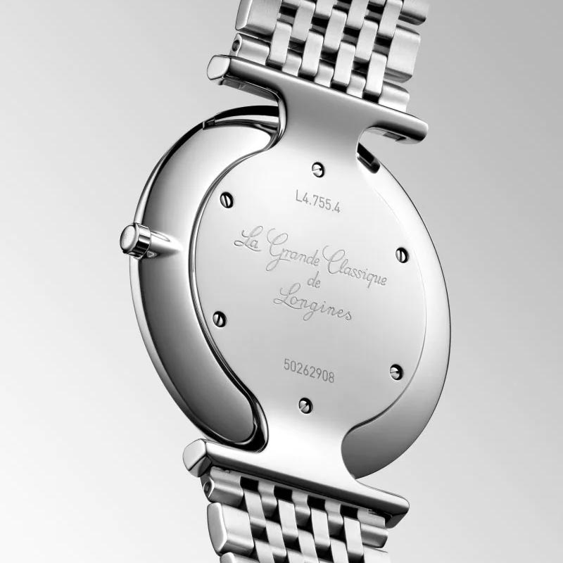 longines la grande classique 36mm blue dial stainless steel quartz watch case back view