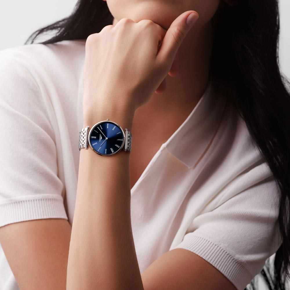 longines la grande classique 36mm blue dial stainless steel quartz watch model shot