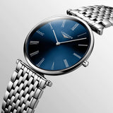 longines la grande classique 36mm blue dial stainless steel quartz watch dial close up