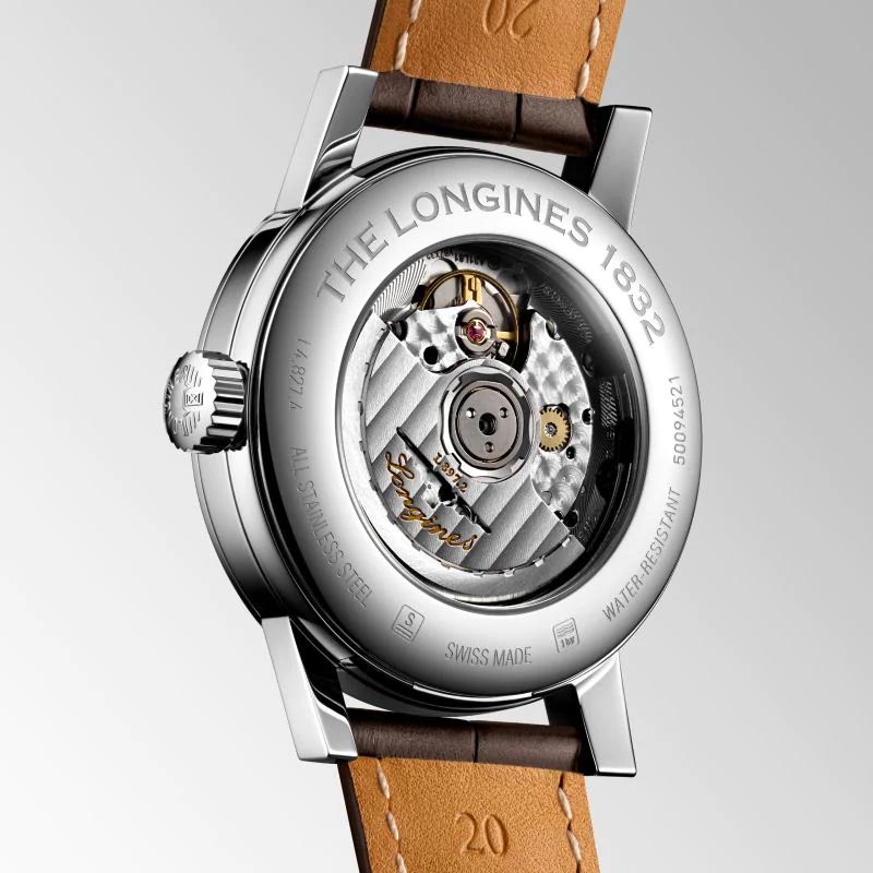 the longines 1832 40mm beige dial annual calendar automatic gents watch case back view