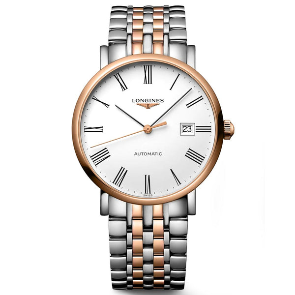 longines elegant collection 39mm white dial 18ct rose gold capped steel automatic watch