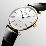 longines la grande classique 38mm white dial yellow pvd steel automatic watch dial close up