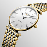 longines la grande classique 38mm white dial yellow pvd steel automatic watch dial close up