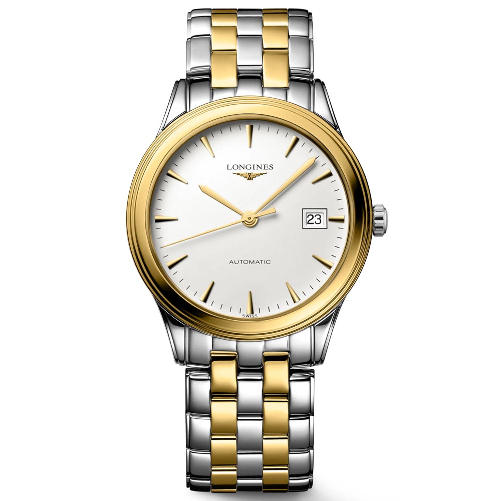 longines flagship 38.5mm white dial gold pvd steel automatic watch