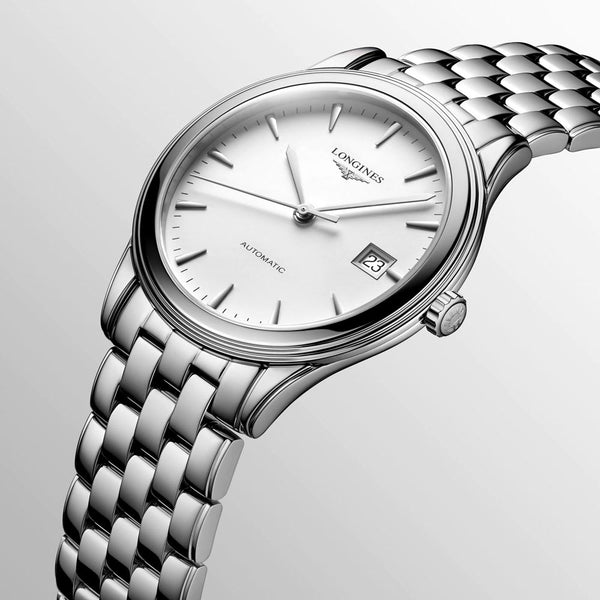 longines flagship 38.5mm white dial automatic ladies watch dial close up