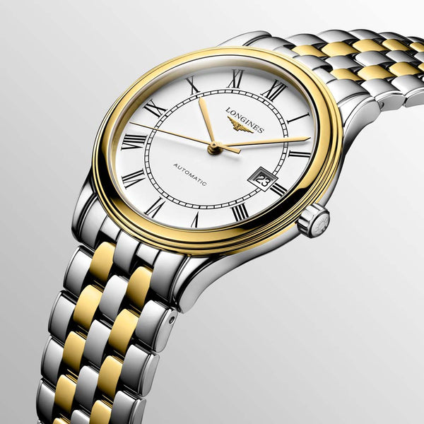 longines flagship 40mm white dial gold pvd steel automatic gents watch dial close up