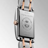 longines dolcevita silver dial 18ct rose gold & steel ladies quartz watch case back view
