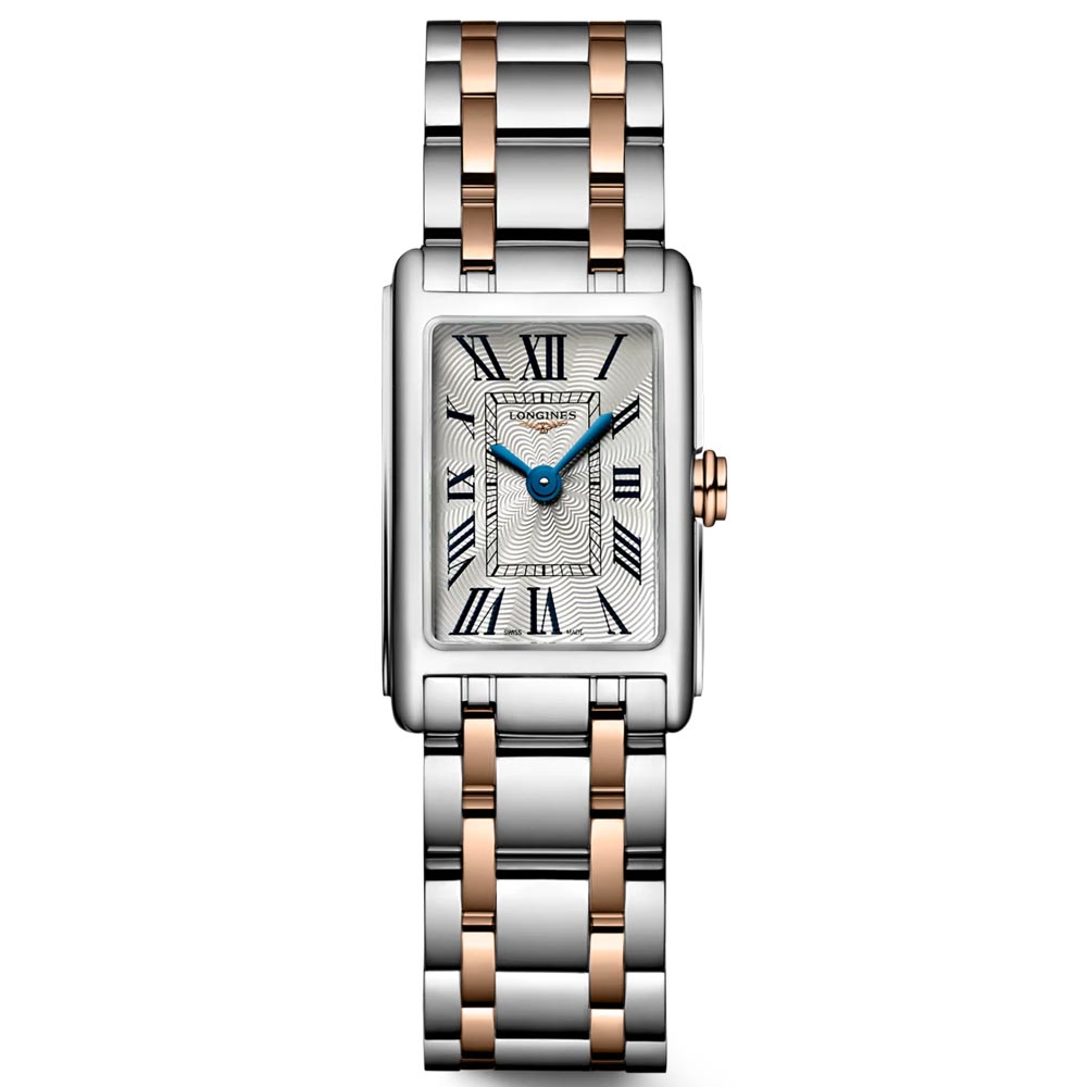 longines ladies dolcevita 18ct rose gold capped steel silver dial watch