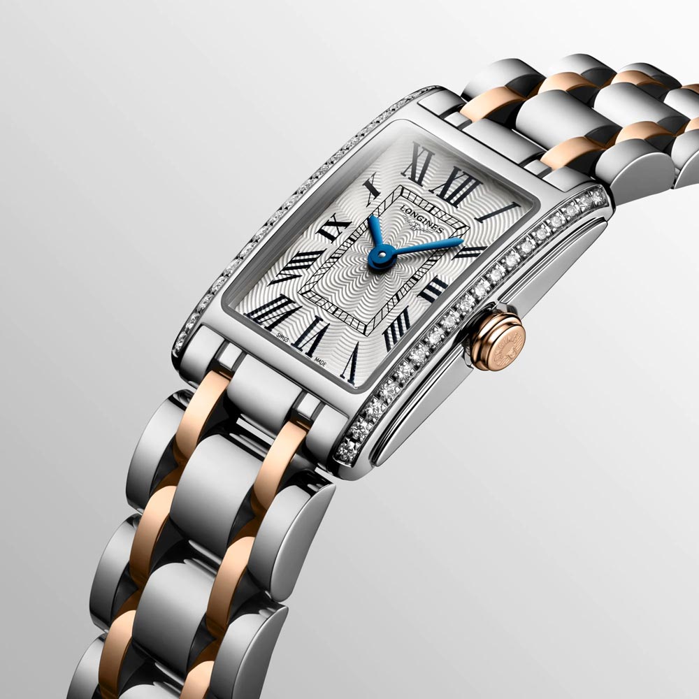 longines dolcevita silver dial 18ct rose gold capped steel diamond ladies quartz watch dial close up