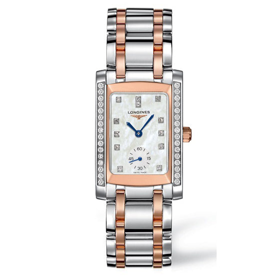 longines dolcevita mother of pearl Dial with diamond bezel 18ct rose gold & steel quartz ladies watch front facing upright image