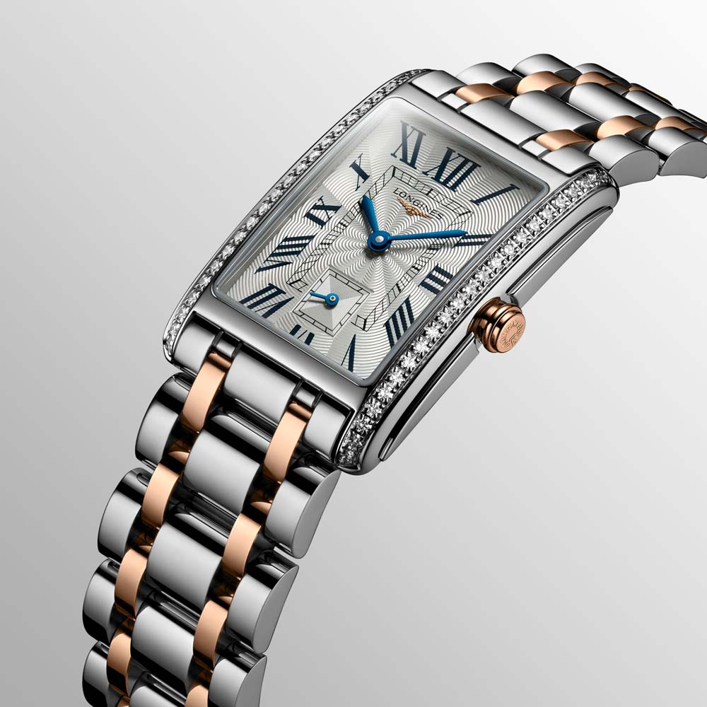 longines dolcevita silver dial 18ct rose gold capped steel diamond ladies quartz watch dial close up