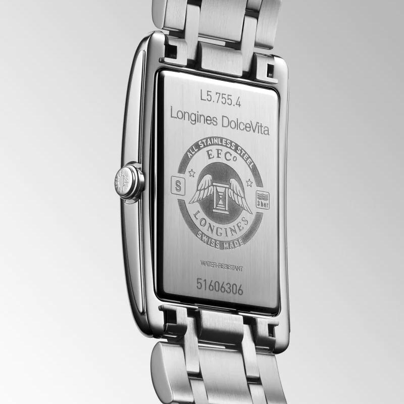 longines dolcevita silver dial stainless steel watch case back view