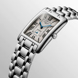 longines dolcevita silver dial stainless steel watch dial close up