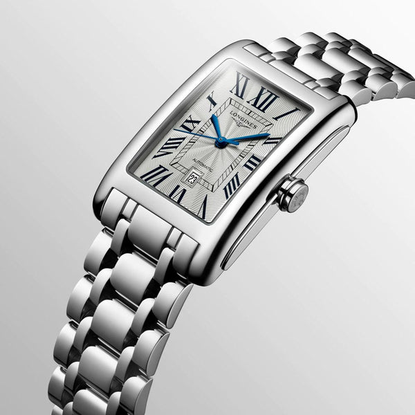 longines dolcevita silver flinque dial automatic gents watch dial close up