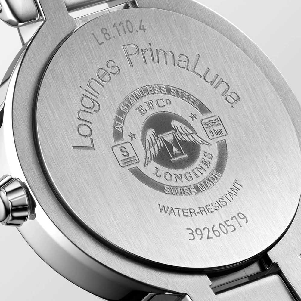 longines primaluna 26.5mm silver dial ladies quartz watch case back view