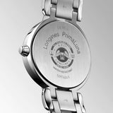 longines primaluna 30.5mm mop diamond dot dial moonphase ladies quartz watch case back view