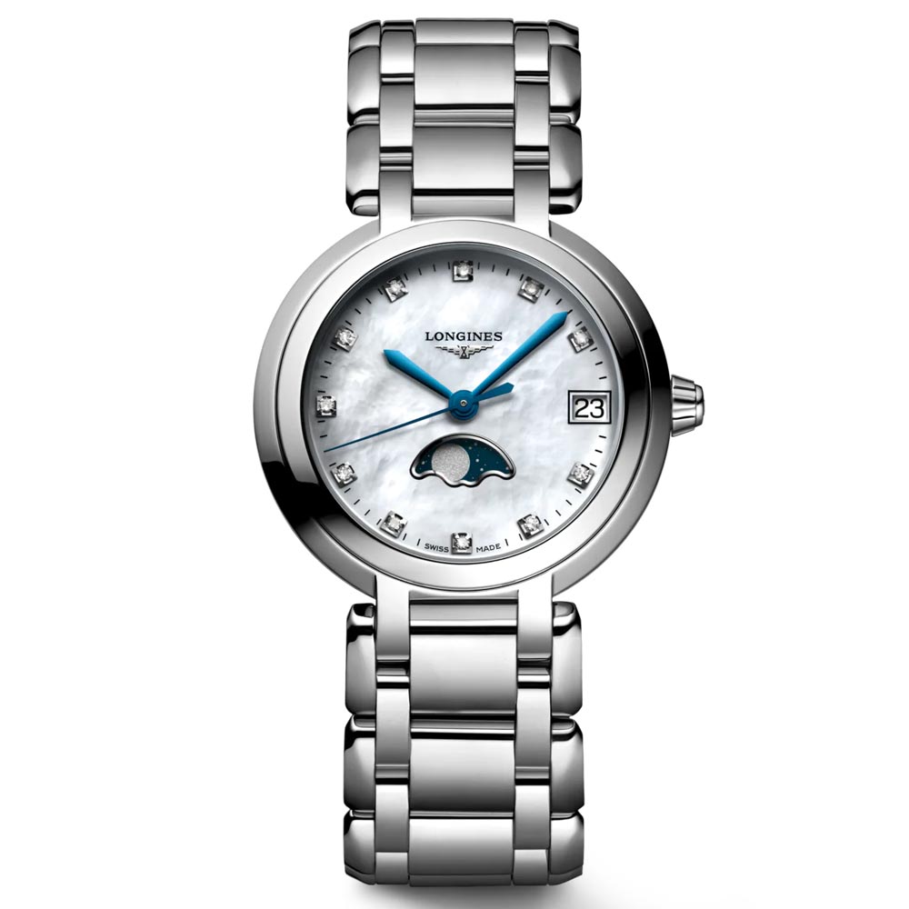 longines primaluna 30.5mm mop diamond dot dial moonphase ladies quartz watch