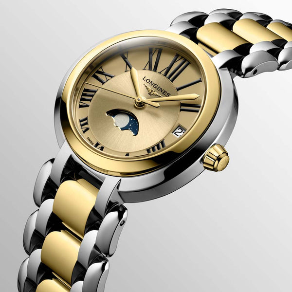 longines primaluna gilt dial moon phase 18ct yellow gold capped steel ladies watch dial close up