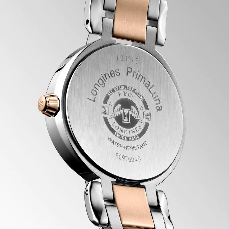 longines primaluna taupe dial moon phase 18ct rose gold capped steel ladies watch case back view