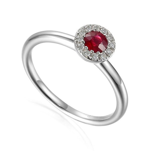 18ct White Gold 0.18ct Ruby And 0.07ct Diamond Halo Ring