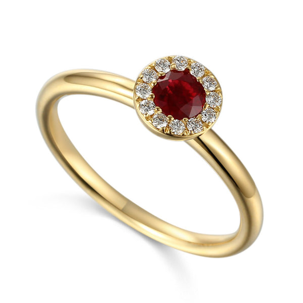 18ct Yellow Gold 0.40ct Ruby And 0.10ct Diamond Halo Ring