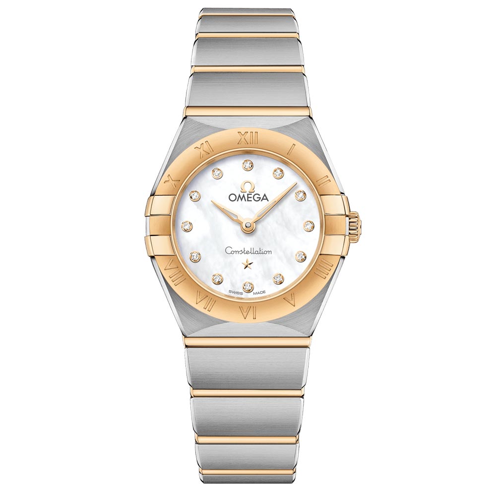 omega constellation 25mm mop dial 18ct yellow gold & steel diamond ladies quartz watch