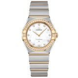 omega constellation 28mm mop dial 18ct yellow gold & steel diamond ladies quartz watch