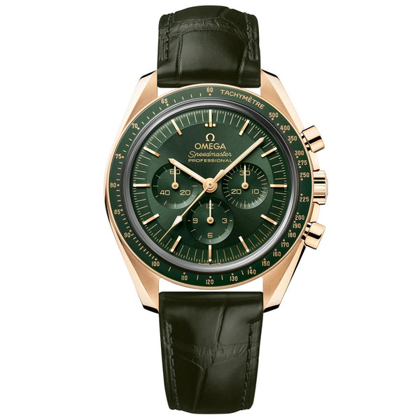 omega speedmaster moonwatch professional chronograph 42mm green dial 18ct yellow gold manual wound gents watch